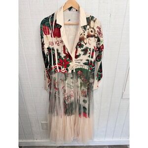 Origami by Vivien Christmas Midi Cardigan Tulle Overlay Reindeer Graphic Medium